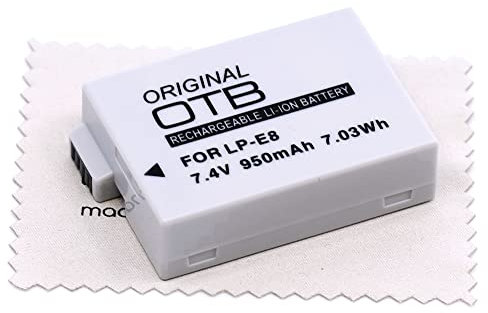 Ersatz Akku passend für Canon EOS 550D, 600D, 650D, 700D, EOS Rebel T2i, T3i, T4i, T5i, EOS Kiss X4, X5, X6i, X7i (Ersetzt LP-E8) Kamera Akku OTB mit mungoo Displayputztuch