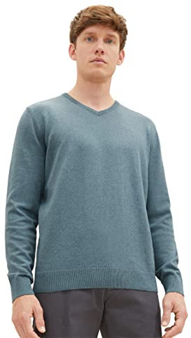 TOM TAILOR Herren 1027665 Basic Strickpullover mit V-Ausschnitt, 32714-dusty Dark Teal Melange, XXXL