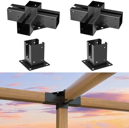 Heavy Duty 4-Way Right Angle 4x4 Pergola Bracket Kit,4x4 Post Bracket Gazebo Kits Pergola Kits,DIY Kit to Build Yourself (4 Pack)