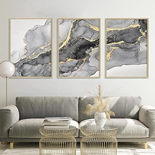 Grauer Marmor Wandkunst,Grau Gold abstraktes Marmor Leinwandbild für Wohnzimmer,Gold Grau Schwarz und Weiß Marmordrucke marmoriert Grau Schwarz Silber und Gold Leinwandkunst 40 x 60cm x3, ungerahmt