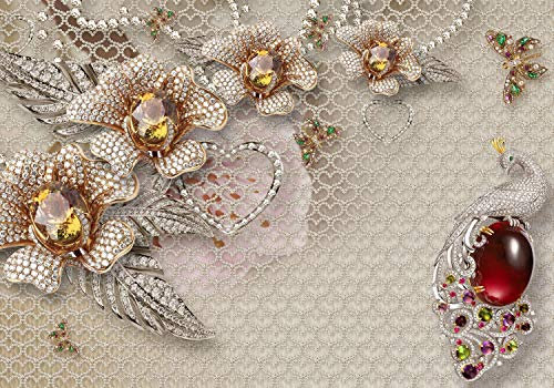 wandmotiv24 Fototapete 3D Blumen Diamanten Pfau Edelsteine, 300 x 210 cm - selbstklebende Strukturtapete, Wanddeko, Wandbild, Wandtapete, Abstrakt Blüten M6092