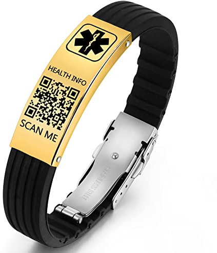 Theluckytag Medizinische Armbänder Männer Frauen mit QR Code Alert ID Armbänder Silikon wasserdichtes Armband passt Handgelenke bis 9'''mehr Raum Benutzerdefinierte Notfall medizinische ID Alert Info…