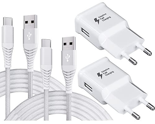 2-Pack Ladegerät mit USB C Nylon Ladekabel 2m Schnellladung Netzteil für Samsung Galaxy S21 S20 S8 S8+ S9 S10 S10 Plus A12 A114 A20 A50 A51 A71 Note 9/8, Ersatz-Original Schnellladegerät, Weiß
