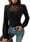 GORGLITTER Women's Eyelet Lace Long Lantern Sleeve Tops Mock Neck Skinny Cut Out Blouse T Shirt Black L