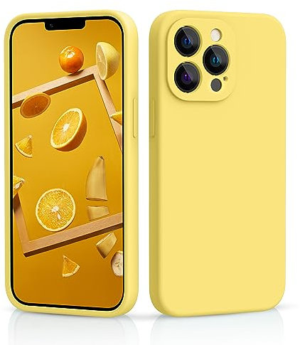 CALOOP Slim-Fit for iPhone 13 Pro Max Case,Sturdy Shockproof Hard Frame Cover with Anti-Scratch Microfiber Lining,Skin Soft Liquid Silicone,Full Protection for Screen and Camera Lens(Lemon Yellow)