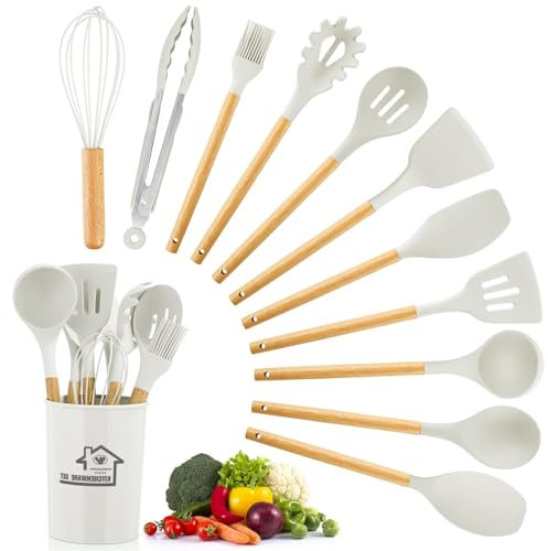 Kitchen Utensils Set, 12pcs Silicone Cooking Utensils Set with Wooden Handle, Heat Resistant Tools, Spatula Set with Holder, Nonstick Cookware, Best Kitchen Tool Gadgets