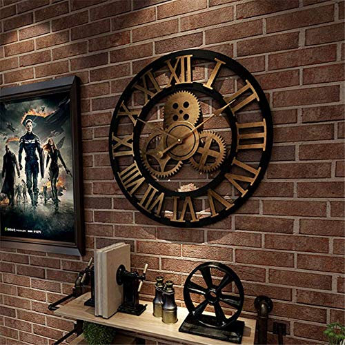 Grande Orologio da Parete per Interni Grandi Numeri Romani Quadrante Aperto Gigante Legno/Metallo Oro 60Cm