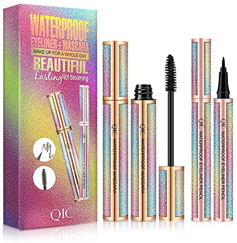 MKNZOME Mascara et Eyeliner Waterproof Noir, Fibre de Soie 4D Longue Durée pour Yeux, Maquillage Femme pour Cosplay, Halloween, Noël et Fêtes