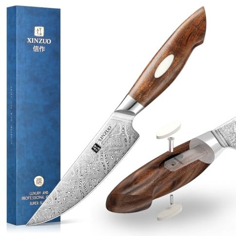 XINZUO 110 Couches Acier Damas 13cm Couteaux à Steak, Forgé à la Main Couteaux de Table Premium, Tranchant Couteaux de Cuisine Classique -Ergonomique Poignée en Bois de Fer du Désert