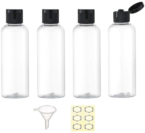 Apstaqeoo 4PCS 150ML Plastic Travel Bottles with Flip Cap Empty Squeeze Bottles Transparent Refillable Travel Container with Funnel & Label for Liquids Lotion Shampoo Toiletries Makeup Cosmetic