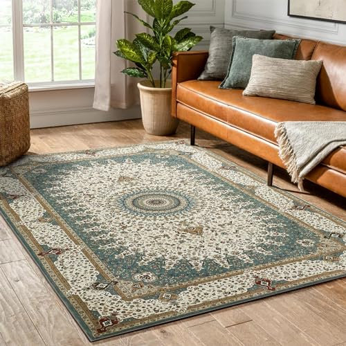 Hafaa Machine Washable Rugs Living Room Large 160x230 cm – Soft Short Pile Teal Area Rugs For Bedroom Lounge, Kitchen Carpet Non Slip Traditional Floral Design Vintage Boho Cashmere Rug, Willow