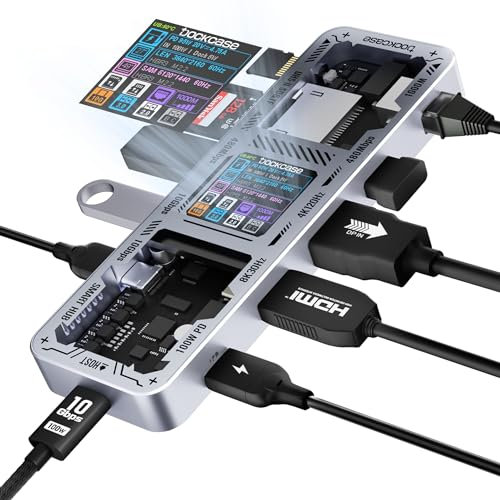 DOCKCASE Explorer Edition 10in1 USB Hub with 4K@60Hz HDMI & DP Docking Station, Gigabit Ethernet, 1 USB-C and 3 USB-A Ports, 100W PD, UHS-II TF/SD Card Slot for MacBook Air/Pro,XPS, and More Silver