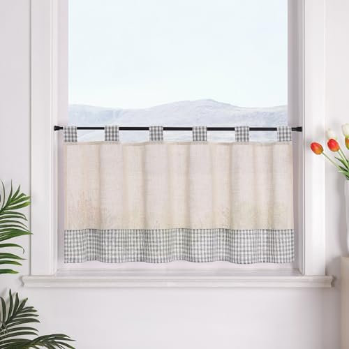 SCHOAL Scheibengardine mit Schlaufen Bistrogardine Küche Leinenoptik Fenstergardine Landhaus Kleinfenster Gardine Kariert HxB 45x90 cm Grau