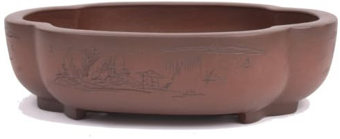 generisch Bonsai - Schale oval 32,5 x 27,5 x 8,8 cm, unglasiert, braun mit handgeritztem Motiv 40750