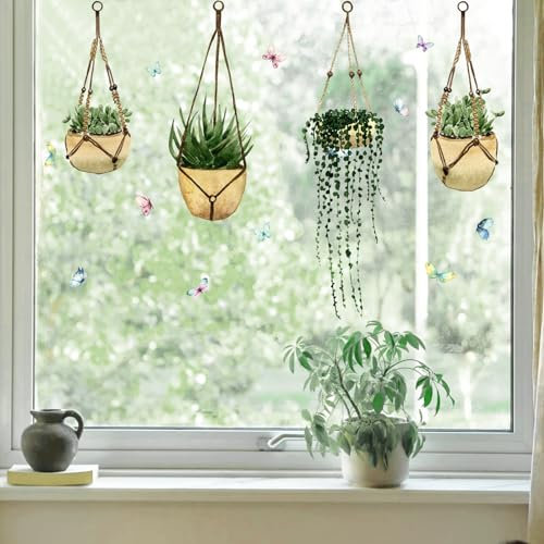 Tanlaby Grüne Topfpflanze Fensterbilder Sommer Frühling Fensteraufkleber Hängende Pflanzen Topf Fensterbild Fenstersticker Anti-Kollision Fenster Glastüren Fensterdeko