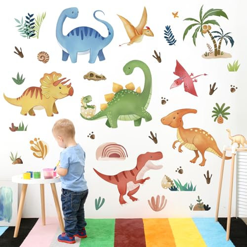 decalmile Wandtattoo Dinosaurier Aquarell Wandaufkleber Dino Boho Palme Wandsticker Junge Wohnzimmer Schlafzimmer Kinderzimmer Wanddeko
