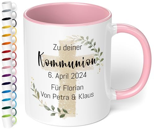 Christliches Geschenk: Tasse personalisiert „Zu deiner WUNSCHTEXT“ – Kreuz-Motiv – Keramik 330ml Geschenk Kommunion Konfirmation Firmung Taufe Mädchen Jungen (Rosa)