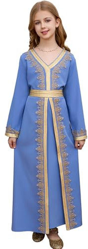 PLWEDDING Muslimisches Abaya für Mädchen, ausgestellte Ärmel, Reißverschluss, Maxikleid, islamisches Gebet, V-Ausschnitt, Bestickt, volle Länge, Ramadan, Eid, Robe mit Bet 6Y
