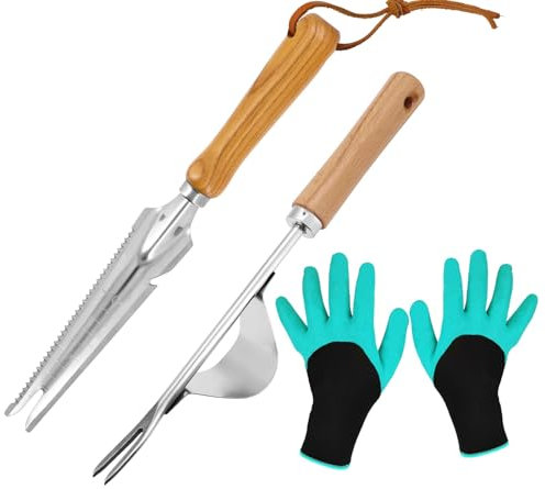 Unkrautentferner aus Edelstahl mit Holzgriff – Manuelles Gartenwerkzeug zum Jäten, Auflockern & Umpflanzen – Ergonomisches Handgerät inkl. Jäthandschuhe