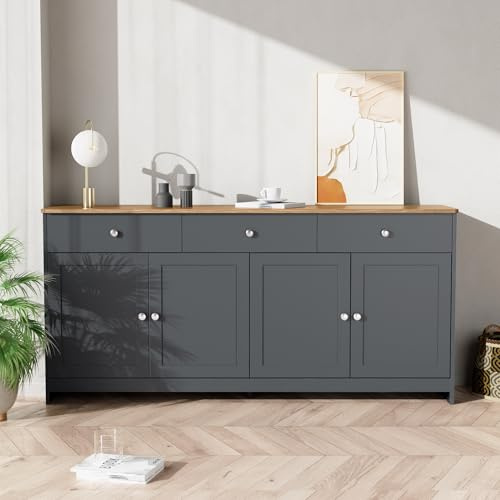 Moimhear Graues und schwarzes Sideboard mit Holzmaserung, Vier Türen, DREI Schubladen, Wohnzimmer, Esszimmer. Holzfarbe und Grauschwarz (Holzfarbe und Grauschwarz)