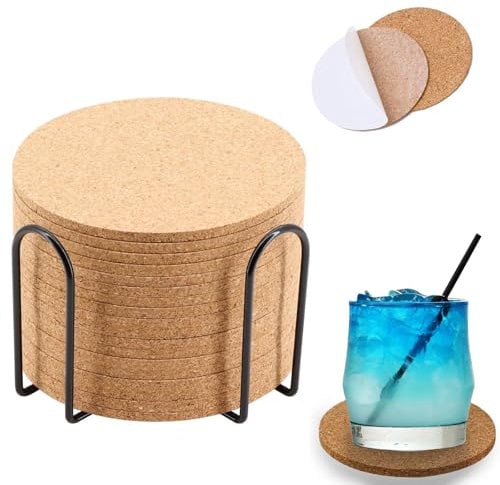 Korkuntersetzer Rund, 50 er Kork Untersetzer Gläser Ø10 x 0,2 cm, Tassenuntersetzer mit Metall Halter, Wiederverwendbare Saugfähigen Getränkeuntersetzer, Glas Untersetzer Set für Hause/Büro/Bar/Café