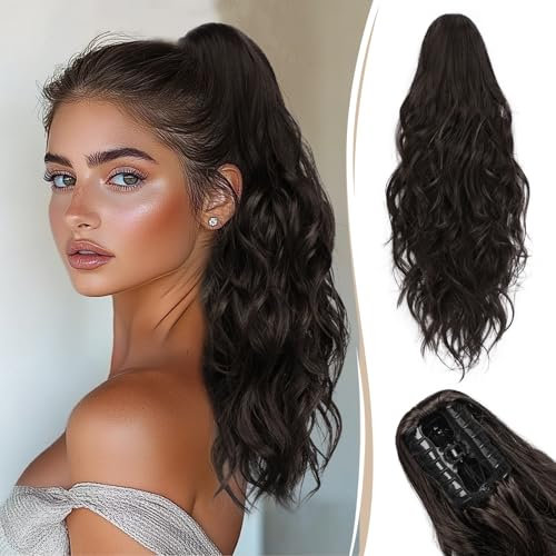 RUWISS Pferdeschwanz Haarteil mit Klammer, 45cm Gewellte Claw Clip in Pferdeschwanz Haarverlängerungen Lange Synthetik Lockigen Ponytail Extension für Frauen, Schwarz Braun