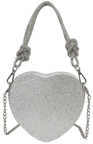 RUORRVU Damen Strass Taschen Strass Herz Handtasche Abend Clutch Tasche Reißverschluss für Dinnerparty Hochzeit, silber, 15cm