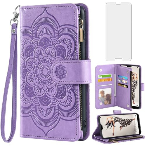 Asuwish Funda para Huawei P20 Pro con Cristal Templado Protector Pantalla Vidrio Pelicula Protectora Libro Cuero Piel Tarjetero Soporte Hawaii P 20 20Pro CLT-L29 CLT-L09 Tapa Carcasa Capa Case Lila