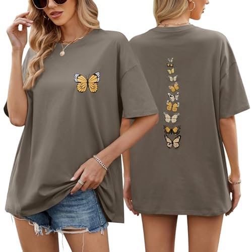 heekpek Tee Shirt Femme Oversize T Shirt à Manches Courtes Coton Très Large Col Rond Haut Lâches Top Grande Taille T-Shirt, Gris foncé, L