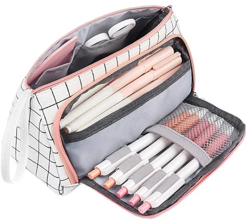 Großes Kariertes Federmäppchen mit Fächern & elastischen Stifthaltern, strapazierfähige Schreibwaren-Tasche für Mädchen, Schülerinnen, Studenten, Schule, Uni & Büro, praktisches Geschenk