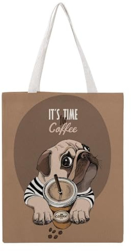 VYJLOO Niedlicher Mops Kaffee Damen Shopper Canvas Handtasche Einkaufstasche Tragetasche Schultertasche Umhängetaschen 38×46cm