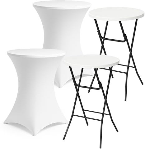 Brixy 2x Stabiler Stehtisch + 2x Weiß Stehtischrock - Partytisch - Robust und Wetterfest - 80cm x 110cm - klappbar - Party - Weiß/Schwarz