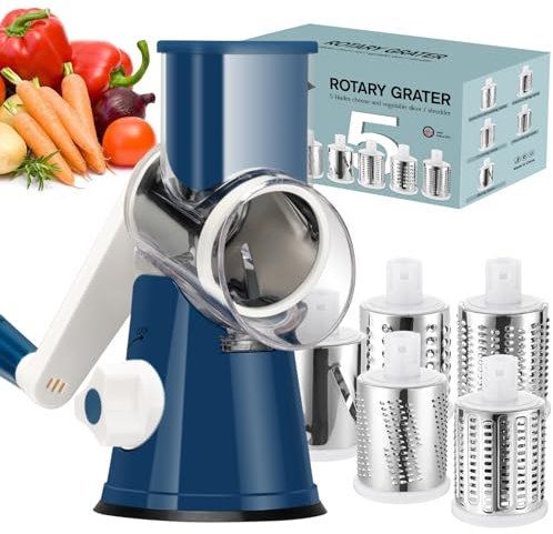 Ourokhome Rotary Cheese Grater Hand Crank, Kitchen Shredder Speed Mandolin Slicer Ice Shaver with Handle and Drum Blades for Cheese, Vegetable, Nuts, Chocolate, Potato, Carrot, 5 Blades, Dark Blue