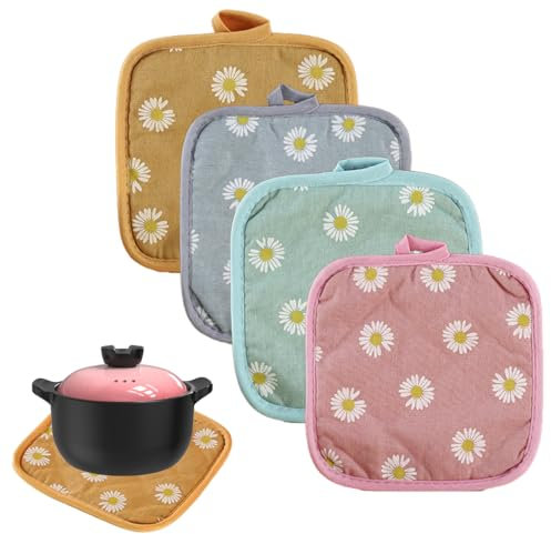 JEYORZY 4er Set Topflappen Baumwolle, 17 * 17cm Hitzebestaendig Topflappen Waschbare Schutzlappe zum Kochen Backen Küchenzubehör(Gänseblümchen)