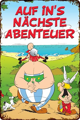 LUCKYLINDE - Retro Blechschild, ASTERIX und OBELIX, französiche kult Comic Serie, Deko Schild, 14 x 20 cm (Auf ins nächste Abenteuer)