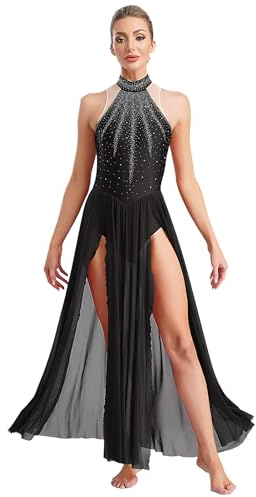 Raenseen Damen Lyrisch Tanzkleid Glitzer Ballettkleid Ärmellos Eiskunstlauf Kleid mit Langes Schlitz Rock Modern Dance Contemporary Tanzkostüm