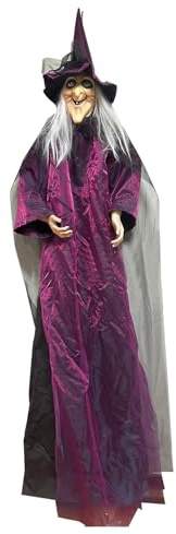 Maodom Halloween Deko Outdoor,210cm Animierte Hängende Sprechende Halloween-Hexe mit Leuchtenden Augen,Dekoration für Garten,Hof,Rasen