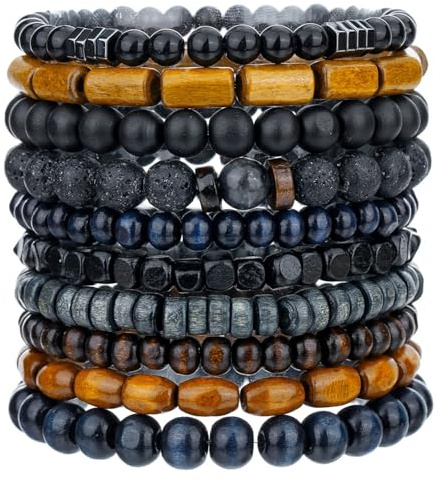 GAUEIOUR Wooden Bead Bracelet for Men Women Boho Stackable Friendship Bracelets Retro Colorful Wooden Bead Volcanic Rock Stretch Bracelet Set Mens Ethnic Tribal Wrist Bracelets Jewelry Gift
