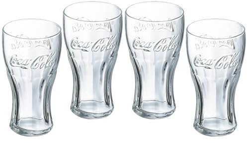 UNIQUE HOME LIVING Highball Drinking Tumbler Glasses Set of 4, 320ml Official Coca Cola Contour Glasses, Retro Highball Glass Coke Soda Water Gin Juice Cocktail Drinking Glassware, Dishwasher Safe