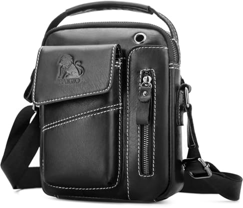 BAIGIO Umhängetasche Herren Leder Schultertasche Vintage Crossbody Bag Messenger Herrentasche zum Umhängen Ledertasche Männer Tasche mit Verstellbarem Gurt für Business Arbeit Reise, Schwarz-weiß