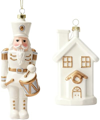 Yhuasia 2 Stück Christbaumschmuck, Weihnachtsdekoration, Set - PVC Nussknacker & Haus mit Schornstein, haltbar und feiner Verarbeitung für Weihnachtsbaum, Kamin, Wohnzimmer & Feier (Set A)