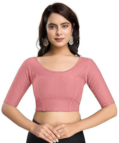 Accessorize Kingdom Women's Dobby Pure Cotton Elastin Stretchable Readymade Round Neck Elbow Length Sleeves Blouse Choli Stylish Saree Blouse (Salmon Pink, XL)