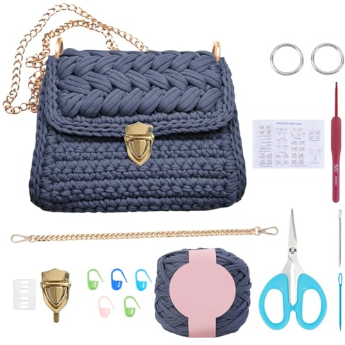 FREEBLOSS DIY Häkel Umhängetaschen Set Handtaschen Strick Und Häkelset Mit Ketten Englische Anleitung Handtaschen Bastelset Für Anfänger (Grau)