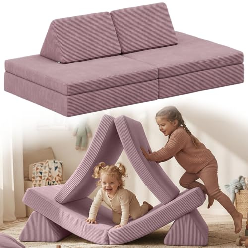 Bellabino Nile Spielsofa Maxi 4-TLG. für Kinder – Kindersofa Cord in Lila – Spielesofa Schaumstoff Bausteine – modulare Kindercouch ausklappbar mit waschbarem Bezug – Sofa Kinderzimmer Kuschelecke