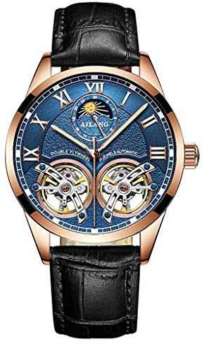TEINTOP Ailang Herren Uhr Analog Skelett Mechanik Wasserdicht mit Leder Armband (Blau Schwarz)