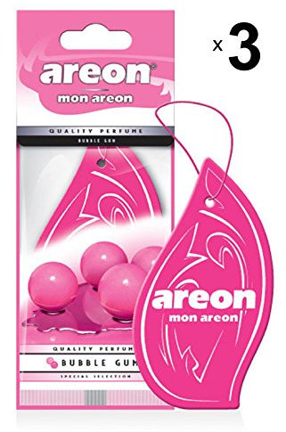 AREON Mon Auto Lufterfrischer Bubble Gum Duft Autoduft Kaugummi Pink Rosa Hängend Aufhängen Anhänger Spiegel Pappe 2D Wohnung (Set Pack x 3)