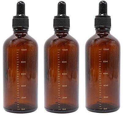 3 Pcs Empty Refillable Amber Glass Graduated Dropper Bottle Essential Oil Cosmetics Elite Fluid Container Jar Pot Holder with Glass Pipette Dropper (100ML /3.4oz)