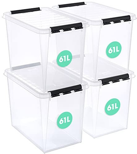 SmartStore Aufbewahrungsboxen mit Deckel, groß, 66 l, transparent, 4er-Pack, verstärkt, 10 Jahre Garantie, lebensmittelecht, mit Clipverschluss, stapelbar, BPA-freier Kunststoff, 59 x 39 x 43 cm