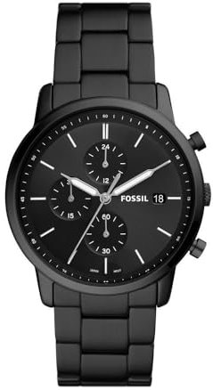 Fossil Orologio Minimalist Chrono da uomo, movimento cronografo al quarzo, cassa in acciaio inossidabile nero da 42 mm con bracciale in acciaio inossidabile, FS5848, Nero