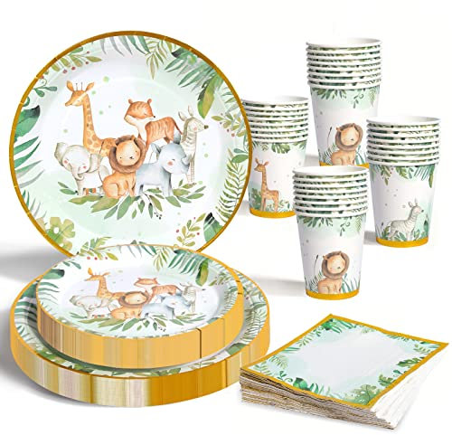 Jungle Safari Juego de vajilla para Fiestas de cumpleaños para niños Suministros de Papel para 24 Invitados, vajilla de Fiesta de Animales Platos de Papel servilletas para cumpleaños, Baby Shower